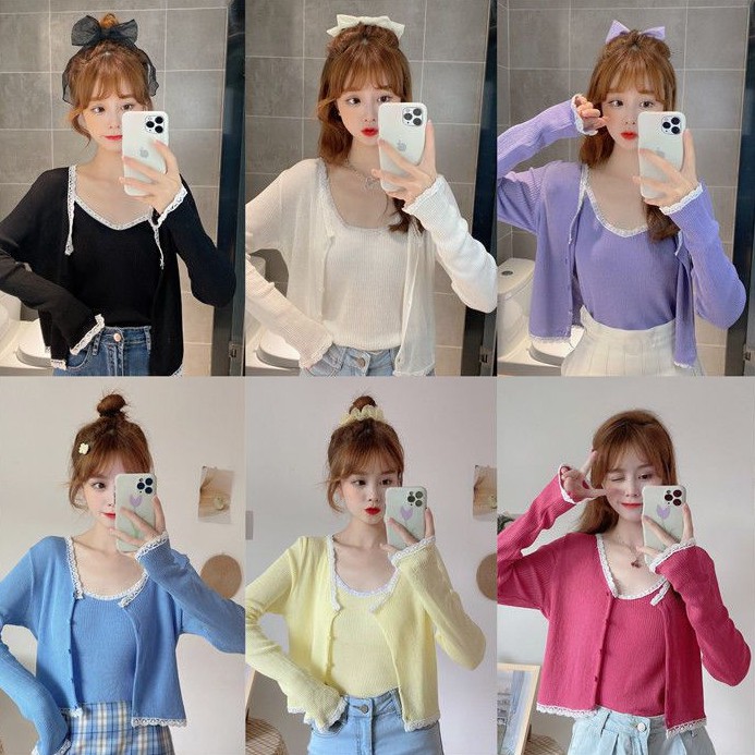 Set Áo Hai Dây Và Áo Khoác Ren Phong Cách Hàn Quốc Quyến Rũ Dành Cho Nữ