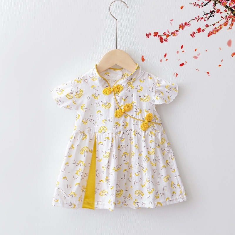 Đầm Công Chúa Vải Cotton Mỏng In Hoa Kiểu Trung Hoa Dễ Thương Thời Trang Mùa Hè Cho Bé Gái