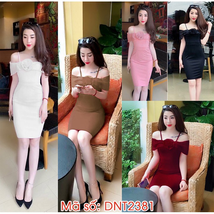 Đầm ôm body 2 dây trễ vai đính hoa xinh xắn