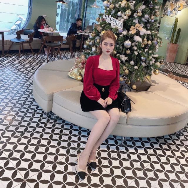 Áo nhung crotop tay bồng ( ảnh chụp thật)