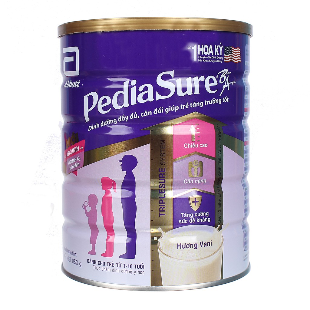 Sữa BA PediaSure 850g, hương vani - cho trẻ 1-10 tuổi cho trẻ biếng ăn