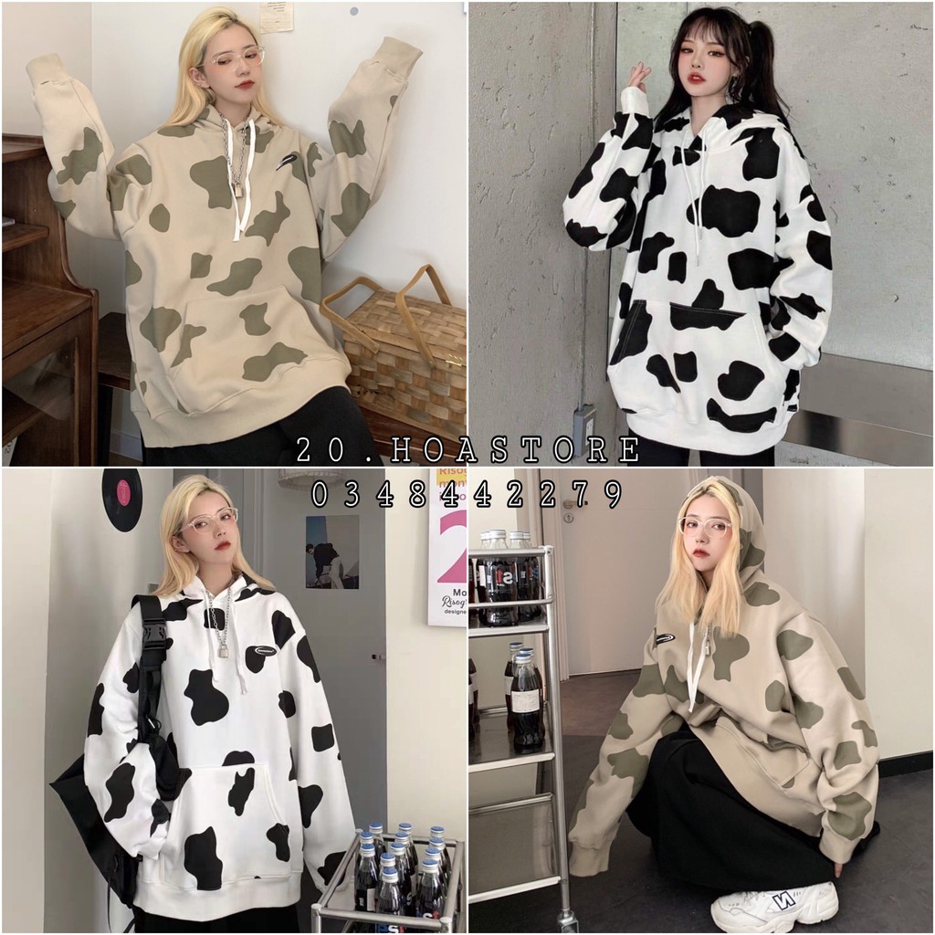 ÁO LOANG HOODIE LOANG Nỉ Bông Họa Tiết Bò Sữa Cute Xanh Be Đen Trắng Unisex Nam Nữ