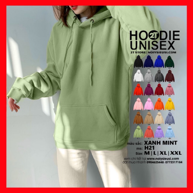 Áo hoodie unisex 2T Store H21 Xanh Mint Bạc Hà - Áo khoác nỉ nữ chui đầu nón 2 lớp dày dặn chất lượng đẹp