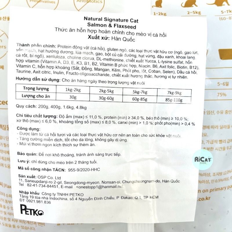 [Date 2024] Túi 1.6kg Hạt Hữu Cơ Natural SIGNATURE cho Mèo Cao Cấp Hàn Quốc