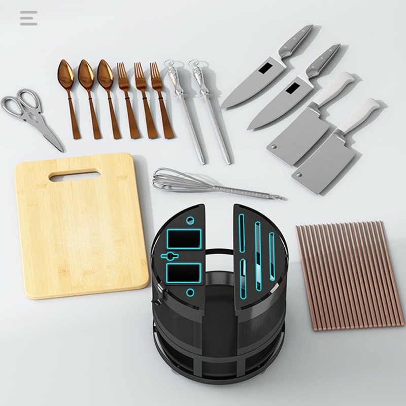 Kệ để dao thớt tròn Giá đựng đồ dùng nhà bếp đa nâng xoay 360 độ chất liệu thép không gỉ