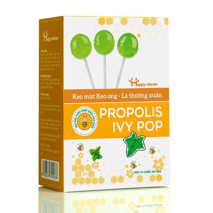 Kẹo mút Keo Ong Lá Thường Xuân Happy Vitamin tốt cho người bị ho, viêm họng, khàng tiếng, hộp 12 que HÀNG - CHÍNH HÃNG