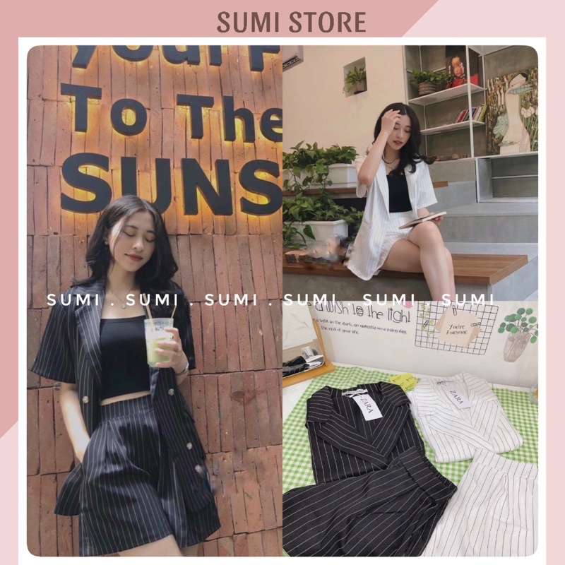 Set áo Blazer cọc tay kèm quần short kẻ 2 màu đen/ trắng  phong cách Hàn Quốc , bộ quần áo vest dáng rộng