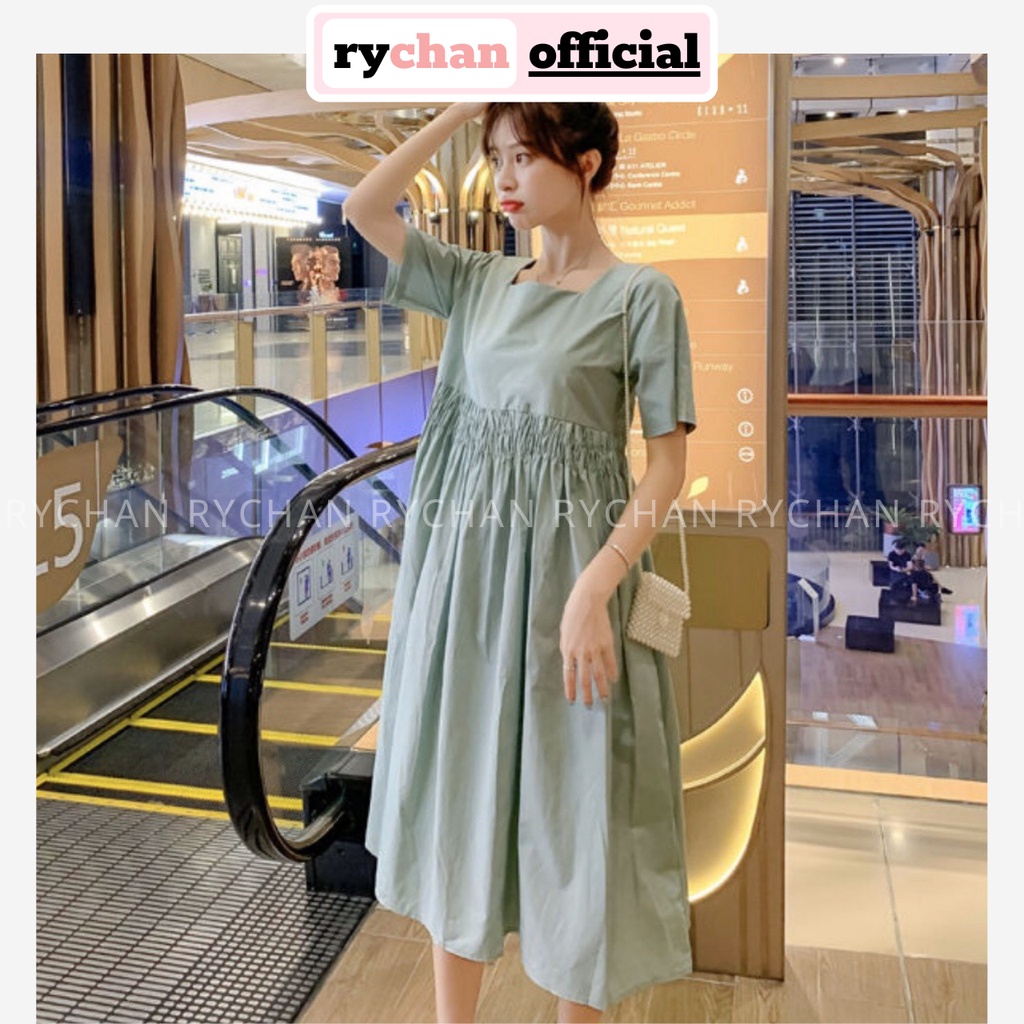 Đầm Xòe Xanh Mint Cổ Vuông Nhún Eo Nơ Sau Dễ Thương - DX650