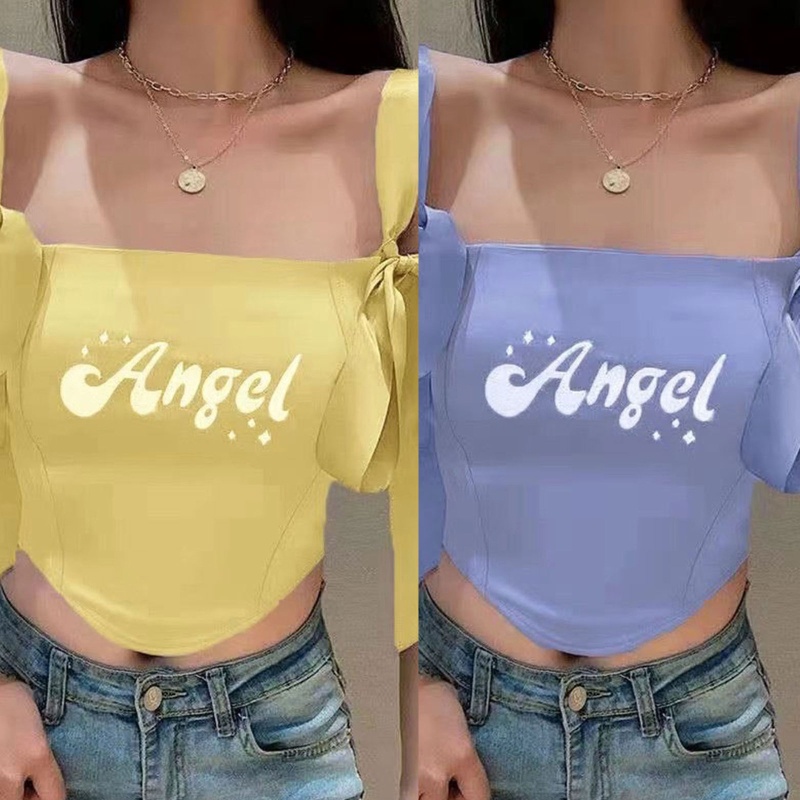 Xiangbao Áo Crop Top Dệt Kim Hai Dây Ruy Băng Thắt Nơ Thêu Chữ Thiên Thần Harajuku Nec Cho Nữ