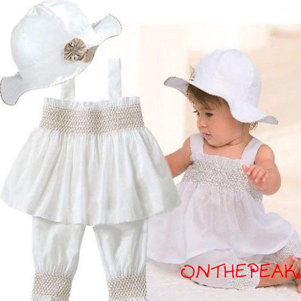 Bộ 3 cái gồm áo thun dài tay + quần legging dài + nón cho bé sơ sinh , bé gái