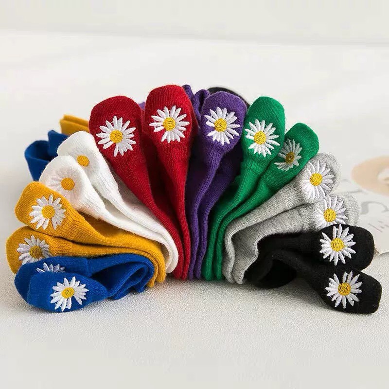 Tất cotton cổ ngắn gót thêu hoa cúc Tất vớ thấp cổ vintage hàn quốc