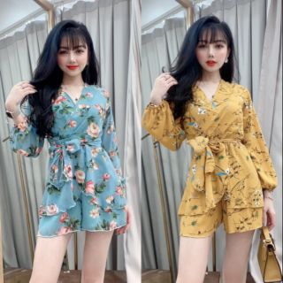 Jumpsuit short hoa tay dài cổ V đắp chéo cột eo Cao Cấp