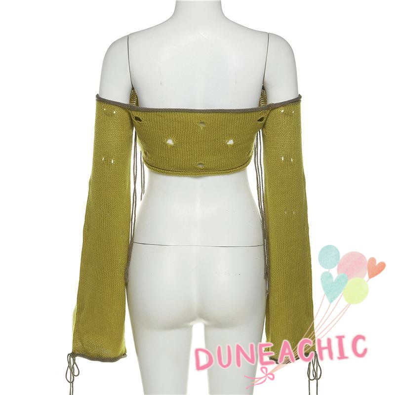 DUNEA Áo Dệt Kim Nữ Trễ Vai Tay Dài Gợi Cảm