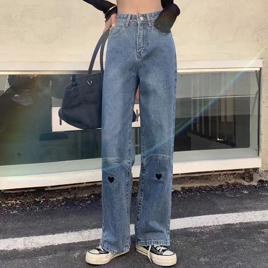 Cicishop2 (hàng có sẵn)♡Quần baggy jean ống rộng lưng cao thêu hình trái tim (0238)