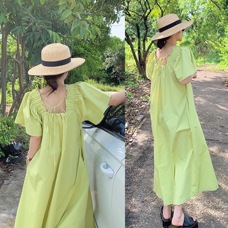 Váy tay loe cổ vuông buộc nơ sau dáng dài maxi đi biển chụp ảnh