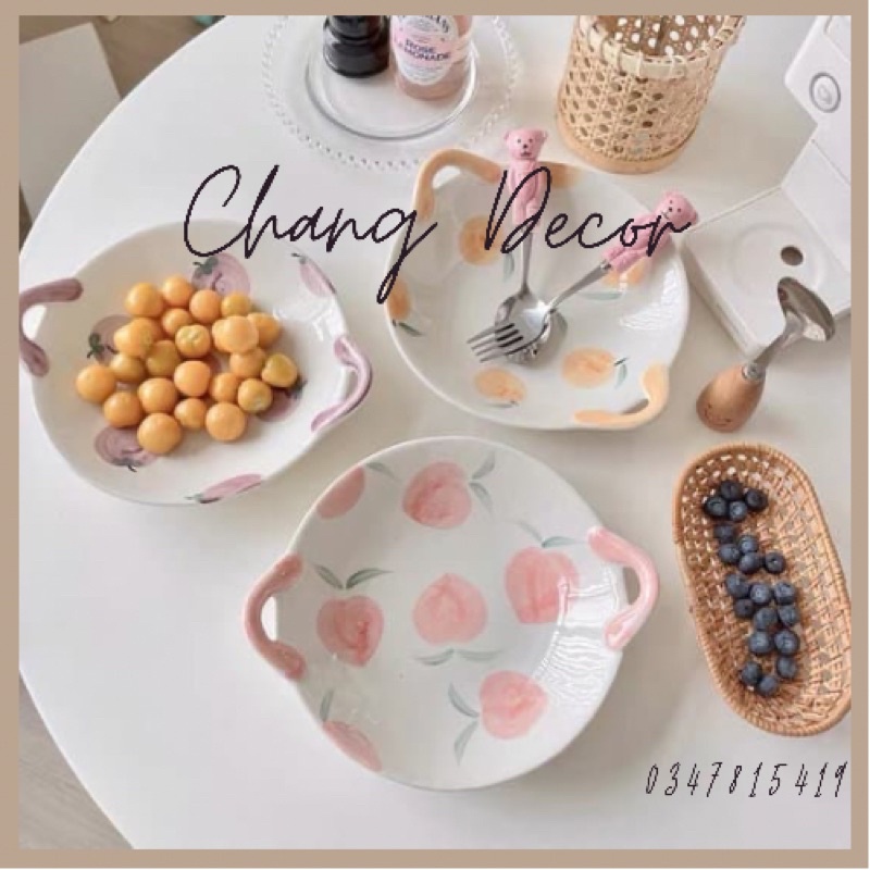 Đĩa sứ Hàn Quốc đĩa sứ tròn có quai hình quả đào dễ thương,