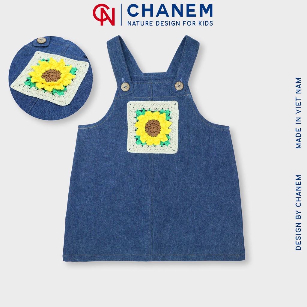 Váy yếm bò cho bé gái HANNA CHANEM phối họa tiết hoa hướng dương móc thủ công 3D tinh tế cho bé từ 1 - 10 tuổi