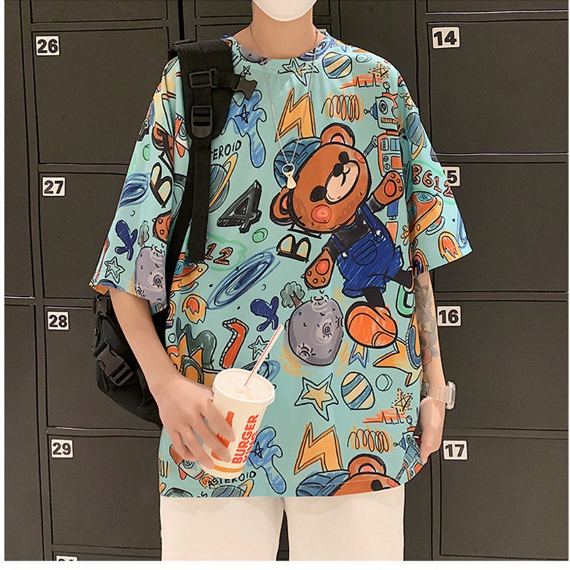 Áo Thun Nam Tay Ngắn Cổ Tròn In Hình Gấu Hoạt Hình Phong Cách Hồng Kông Thời Trang Mùa Hè 12 Cho Nam