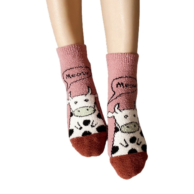 Vớ Nhung San Hô Dày Dặn Ấm Áp In Họa Tiết Bò Sữa Hoạt Hình Dễ Thương Cho Nữ