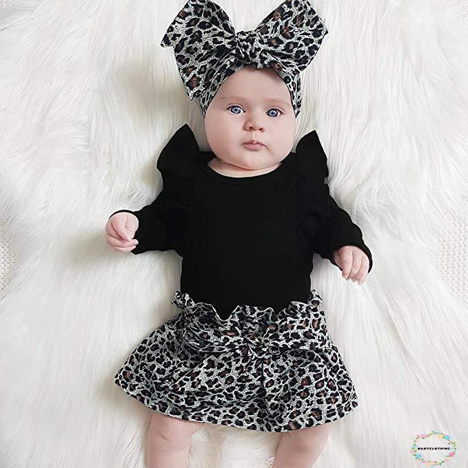 ღWSVღNewborn Baby Girl Autumn Winter Long Sleeve Romper Bodysuit Leopard Skirt Headband Outfits Set