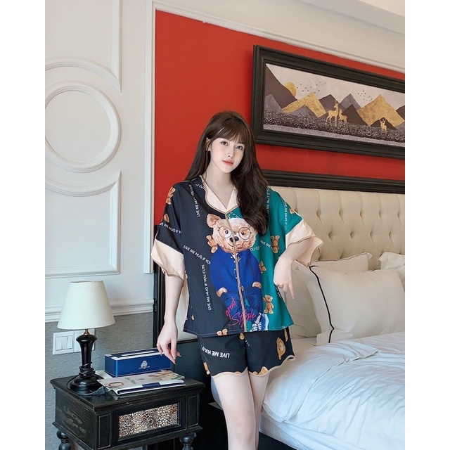 Đồ bộ Lụa mặc nhà tay ngắn quần ngắn - bộ đùi lượn sóng dưới 60kg