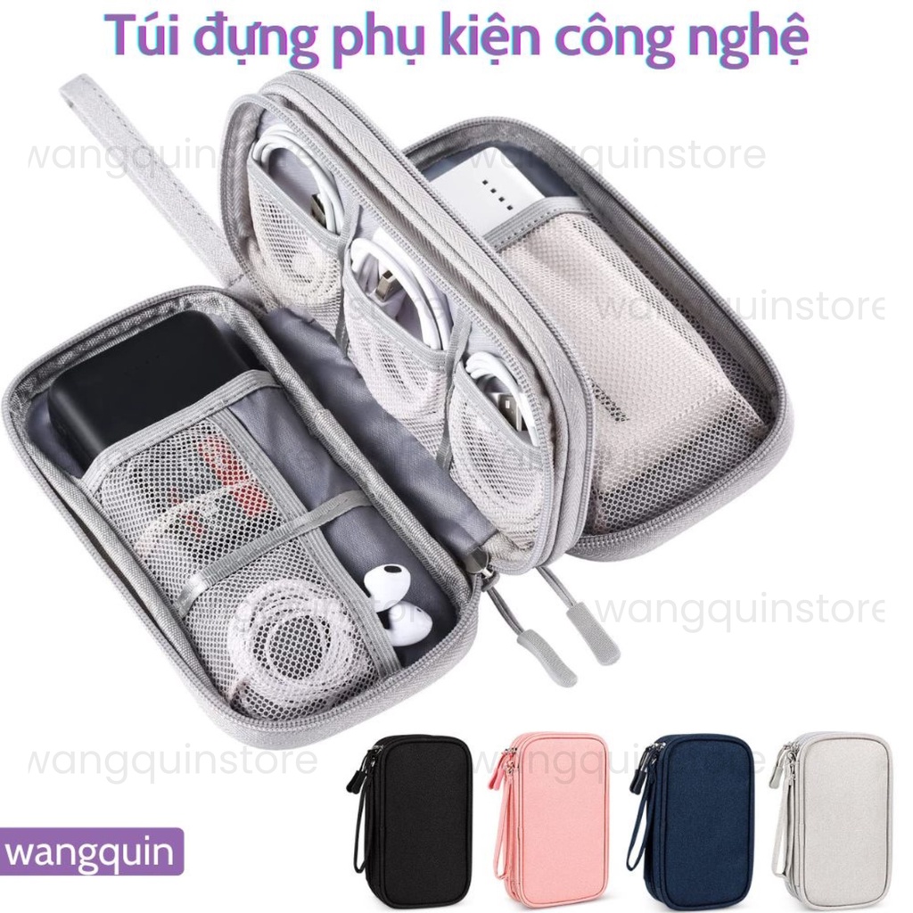 Túi phụ kiện công nghệ đựng pin sạc dự phòng, điện thoại, cáp sạc usb, tai nghe có quai cầm 1 ngăn, 2 ngăn kháng nước