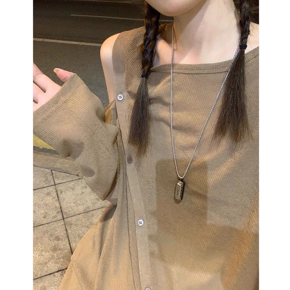 Áo thun tay dài hở vai dáng rộng thời trang mùa hè hàn quốc 2021