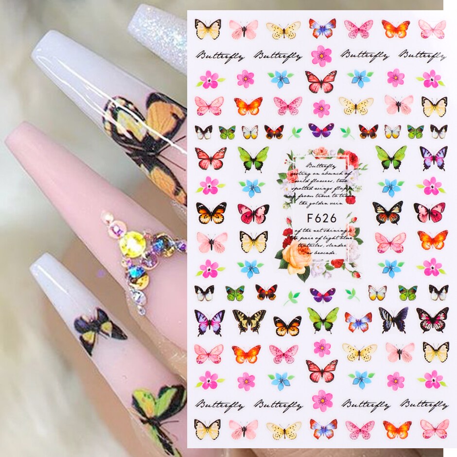 Nhãn dán trang trí móng tay in họa tiết bươm bướm/hoa hồng 3D nhiều màu sắc