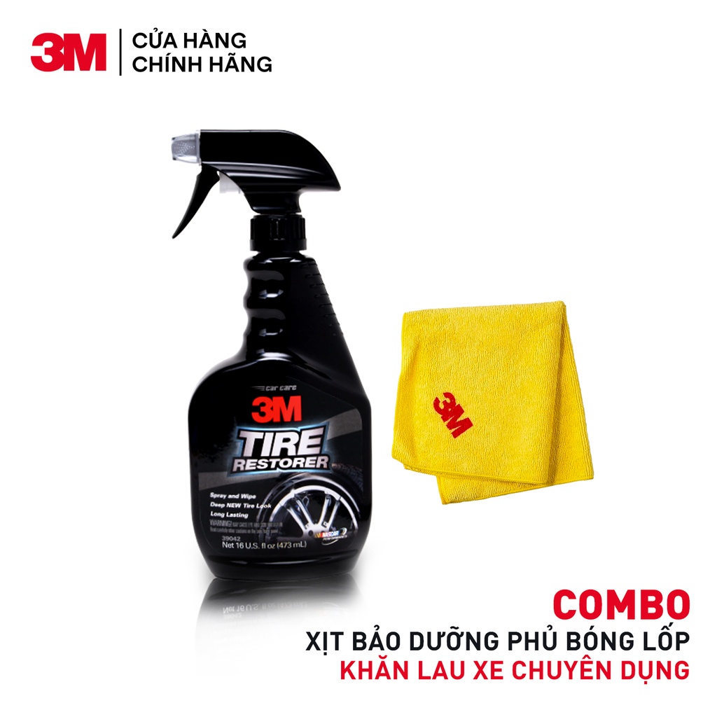 Combo Chai xịt bảo dưỡng và phủ bóng lốp xe 3M Tyre Restorer + Khăn lau xe hơi chuyên dụng 3M 50400