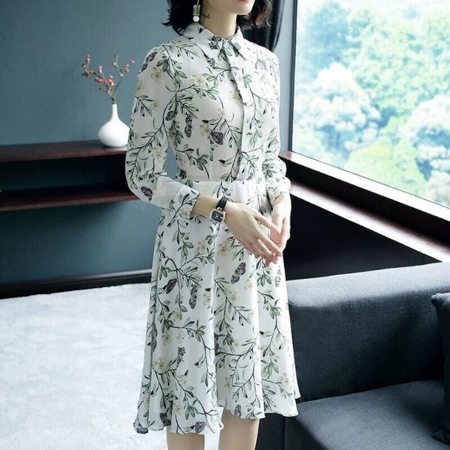 Đầm lụa phối nút cổ sơ mi cao