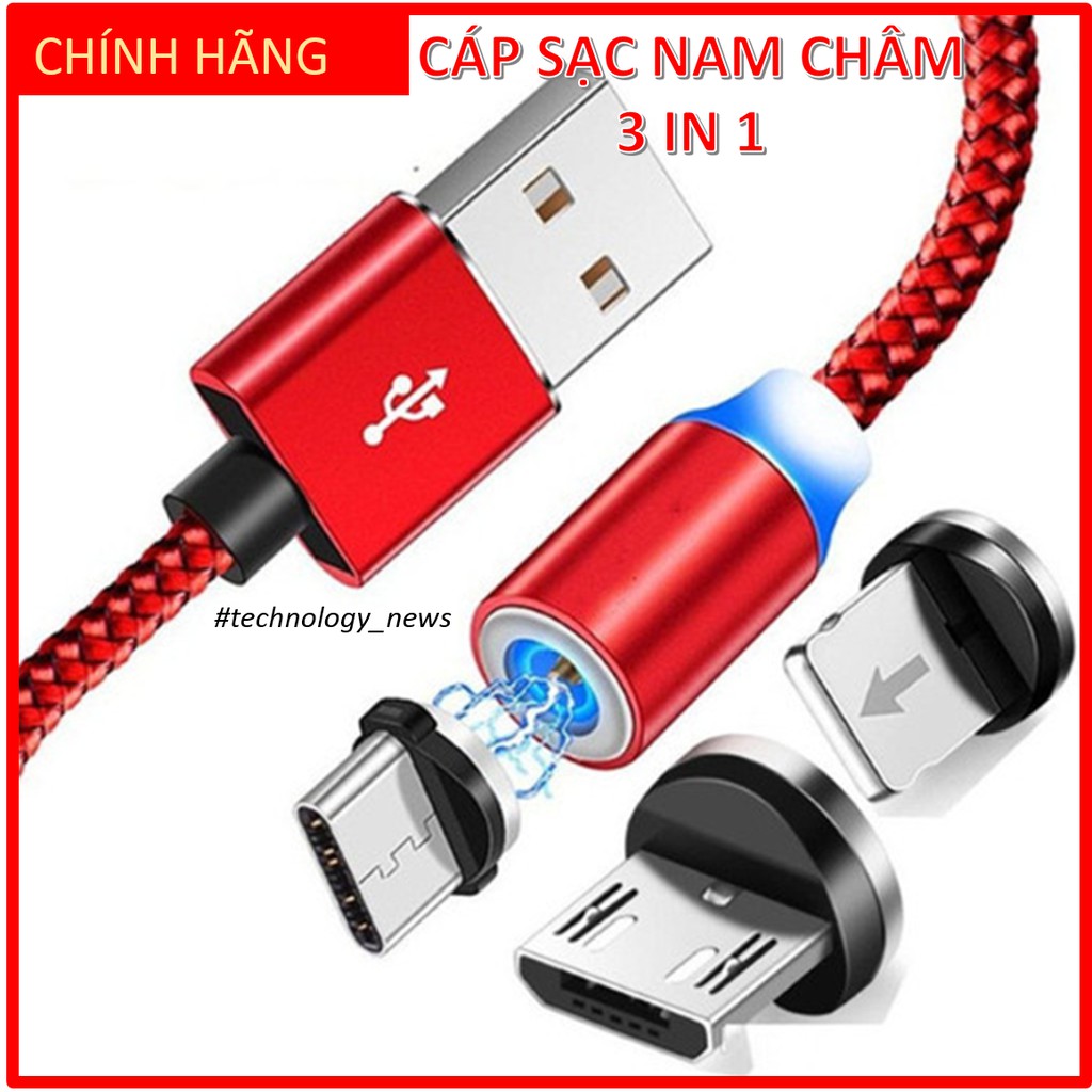 [SIÊU CẤP] CÁP DÂY SẠC NHANH NAM CHÂM 3 IN 1 (lightning-micro-type C) DÂY DÙ, XOAY 360 ĐỘ, CÓ ĐÈN LED SIÊU ĐẸP