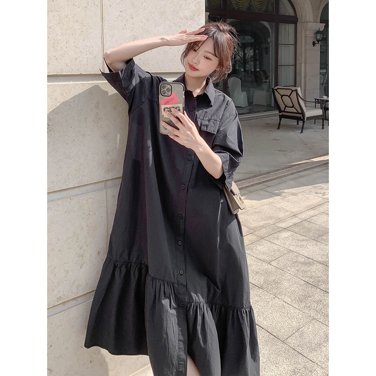 Đầm Sơ Mi Khaki Cao Cấp Phong Cách Retro Mùa Hè 300 Jin Fat Size Lớn Cho Nữ