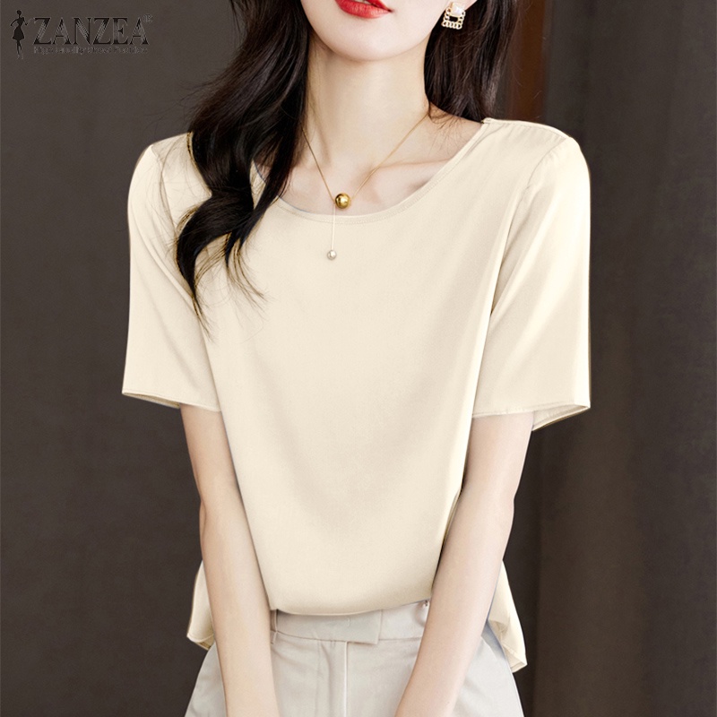 ZANZEA Áo Sơ Mi Vải Satin Tay Ngắn Cổ Tròn Màu Trơn Thời Trang Cho Nữ