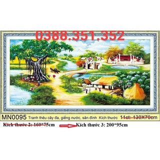 tranh thêu chữ thập phong cảnh cây đa giếng nước sân đình kt 200x95cm