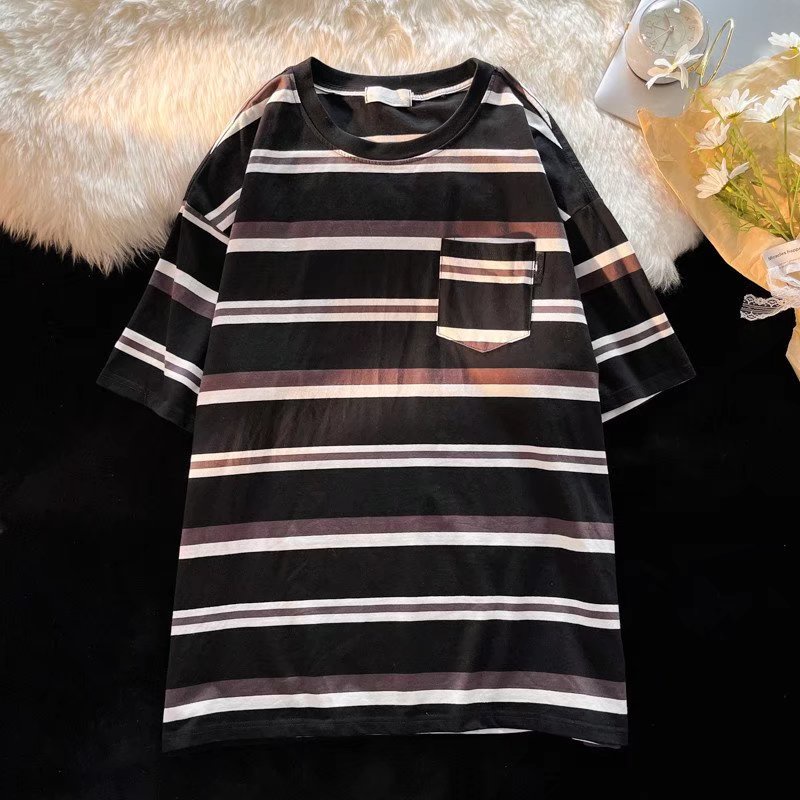 Áo Thun Tay Ngắn Dáng Rộng Họa Tiết Kẻ Sọc Phong Cách Hip Hop Đường Phố Hàn Quốc Thời Trang Mùa Hè Cho Nam Cỡ Lớn M-2XL