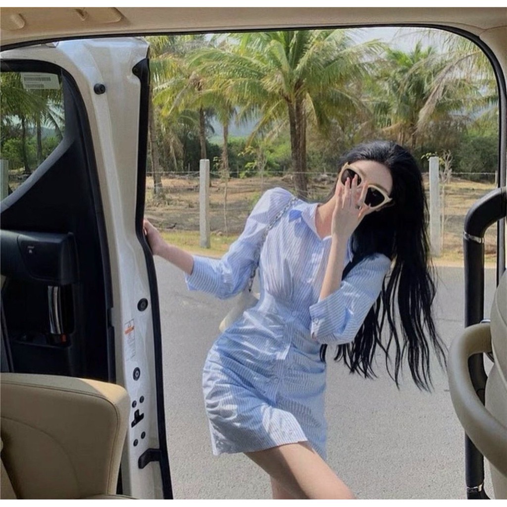 ĐẦM SƠ MI SỌC XANH TAY LỠ 🦋FREESHIP🦋 Váy Sơ Mi Kẻ Sọc Linh Trần Store