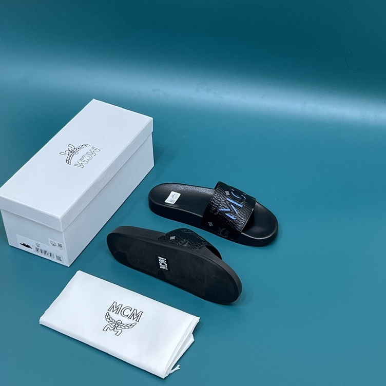 Dép lê quai ngang MCM đen logo thêu da fullbox size 38-43