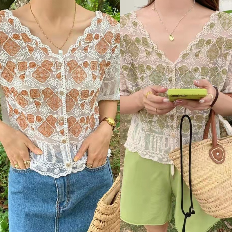 Áo Croptop Ren Hoa Tay Lửng Cổ Chữ V Phong Cách Pháp Thời Trang Mùa Hè Cho Nữ