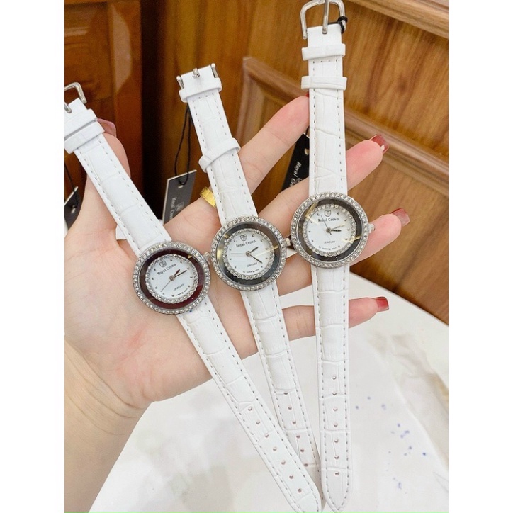 Đồng hồ nữ ROYAL CROW dây da mặt đính đá thời thượng hot trend thời trang giới trẻ, chống nước , bảo hành 12 tháng