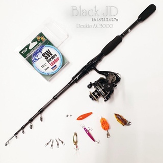 Cần câu lure Black JD, Bộ cần câu máy lure, máy đứng Deukio AC3000,chất liêu cần Cacbon,đi kèm dù pe và bộ mồi như hình