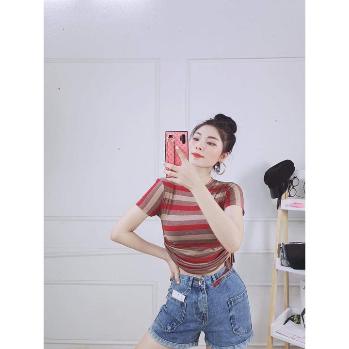 Áo thun kiểu nữ gợi cảm tay ngắn rút dây 2 bên, áo thun croptop Hàn Quốc
