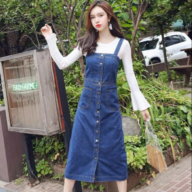 Đầm jean suông yếm form dài 2 túi, váy bò xuông cài nút - DTH | BigBuy360 - bigbuy360.vn