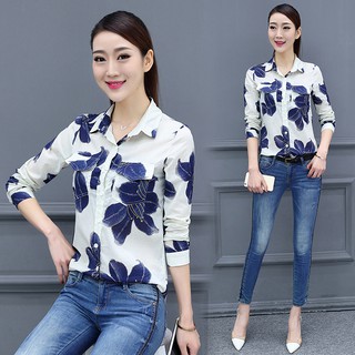 Áo Sơ Mi Voan Hoa Tay Dài Thời Trang Thanh Lịch Cho Nữ