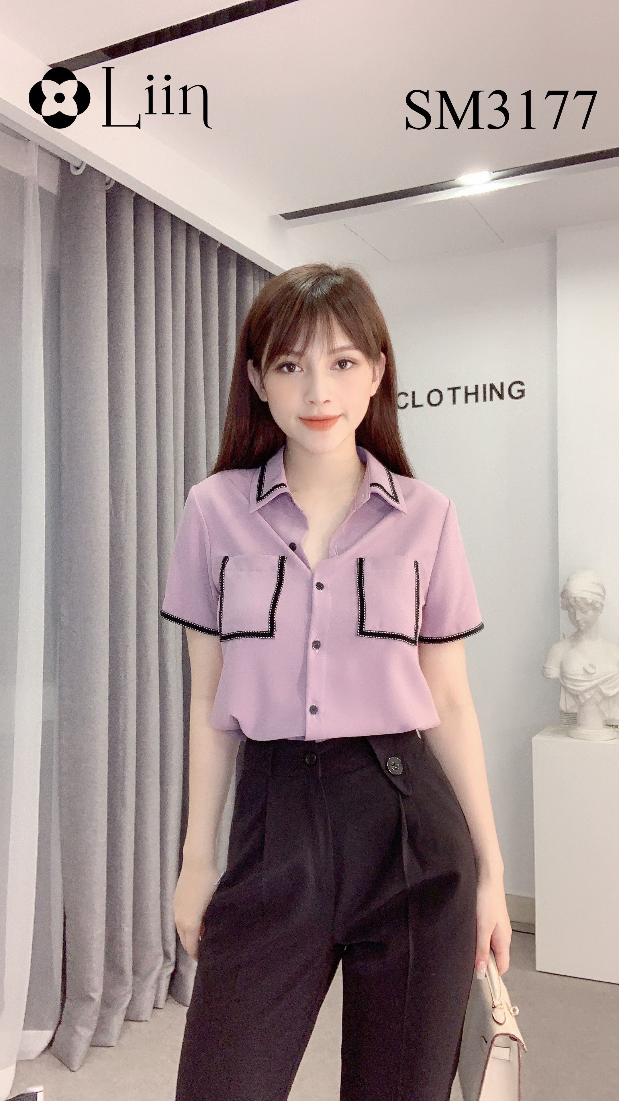 Áo sơ mi Cộc Tay tím Khoai Môn phối túi chất mát mix viền đen xinh xắn Liin Clothing SM3117