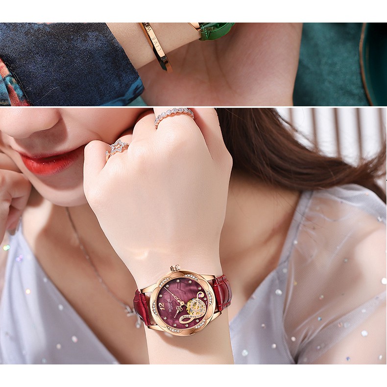 Đồng hồ nữ, đồng hồ đeo tay dây da chính hãng MOHDNE cao cấp, siêu sang, mặt tròn đính kim cương nhân tạo cực sáng bóng