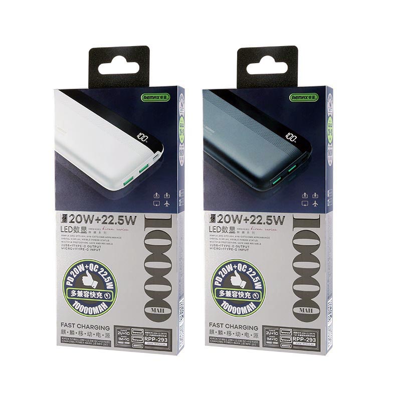 Pin dự phòng sạc nhanh Remax RPP-293 Kiren Series 10000mAh an toàn đi máy bay - hỗ trợ QC 22.5W và PD 20W (2 màu)