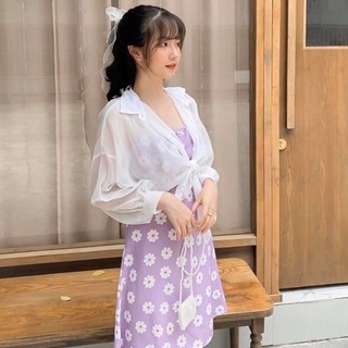 Set đầm hoa cúc tím 2 dây + sơmi voan