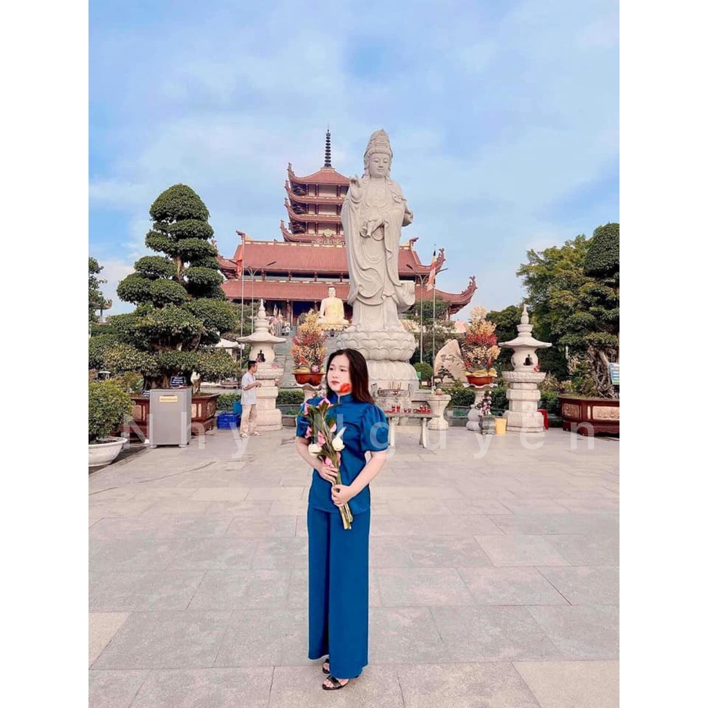 ( HCM ) Mẫu Phật Tử Thêu Hạc Chất Vải Cát Nhung MÀU XANH