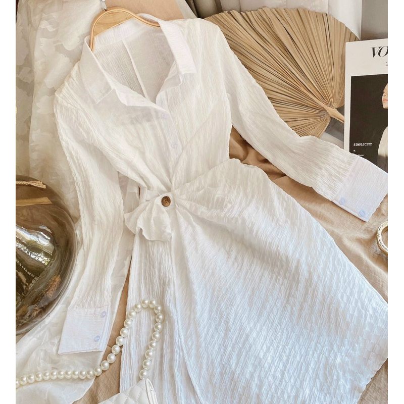 ĐẦM CỔ SƠMI TRẮNG CHÍT EO LỆCH TÀ🌸video thật shop quay D2205A