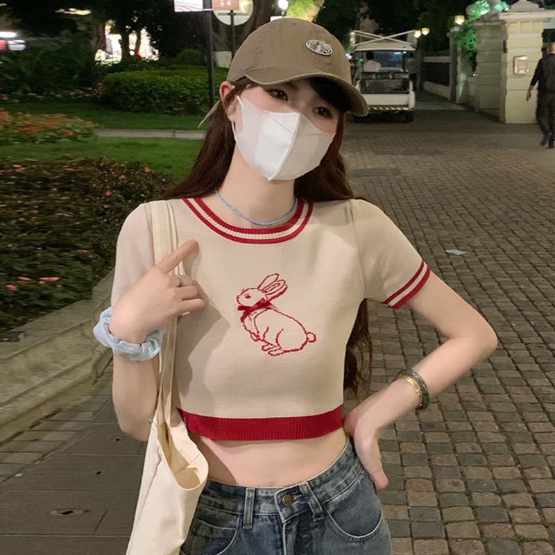 Áo thun dệt kim ZHELIHANGFEI ngắn tay lưng cao thêu họa tiết màu sắc tương phản